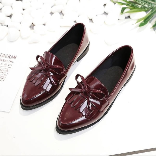 Kvinde Casual Tassel Bow Spids Tå Sorte Oxford Sko 35 / Gun Color