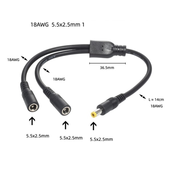 DC-strømsdeler-kabel 5,5x2,1mm/5,5x2,5mm 1 han til 2 hun strøm 5,5x2,1mm