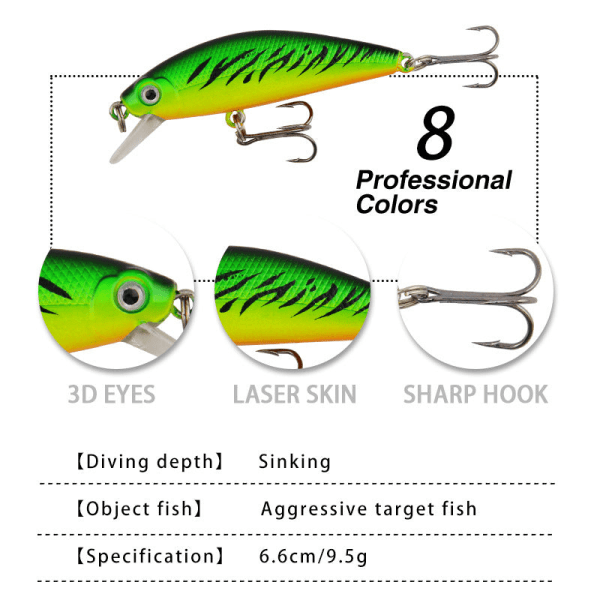 2 stk Lure Mino Five Mesh nedsenket kastetype Snakehead fiskeutstyr 6,6 cm 9,5 g Svart rygg gull