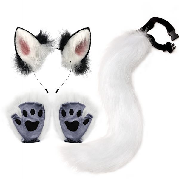 Halloween-setti eläinten kynsien simulaatiolla, plushiset ketun korvat hiusnauhalla, eläinten korvat, eläimen häntä, cosplay-tarvikkeet White