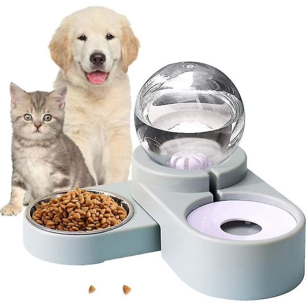 Automatisk husdjursmatare, katter och hundar mat- och vattenskål set, automatisk husdjursvattenautomat med matskål (blå)