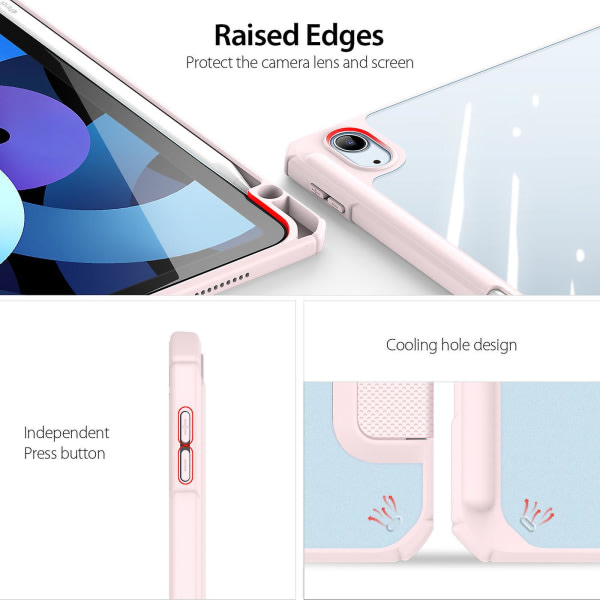 För iPad Air 4 10.9 2020-fodral, Folio Tri-Fold Stand Smart Case med avtagbart smalt hårt skal genomskinlig baksida - rosa