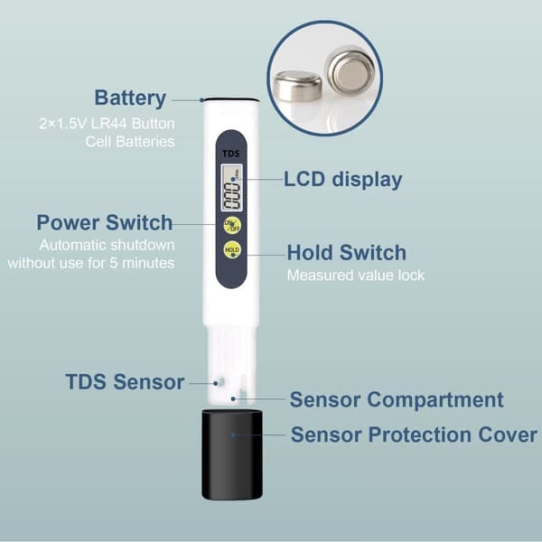 Digital TDS-mätare för vattenkvalitet med LCD-display, 0-9990 PPM, för dricksvatten, akvarium, pool, hydroponik, svart