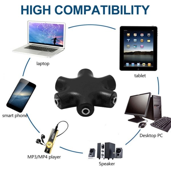 3,5 mm aux-stik Multi-hovedtelefoner Headset Hovedtelefoner Audio Splitter Adapter 5-vejs Sort Black