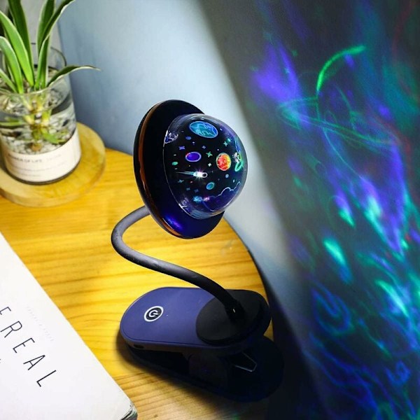 USB Uppladdningsbar LED Klämlampa Läslampa med Stjärnprojektion, 360° Justerbar Sänglampa för Barn, Blå