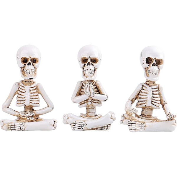 3-delt Yoga-kranieskulpturer, 3,54 tommer skeletfigurer til Halloween-dekoration