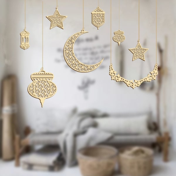 Eid-puinen riipus ontto kuu tähti linna puukäsityöt taidekoriste muslimi Ramadan Mubarak -juhlan koristeluun null - E