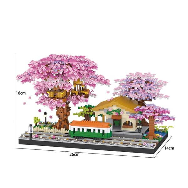 Cherry Blossom Mini Sakura Træ Byggeklodser Sæt - DIY Lys Træhus Model Gave til hende train no light