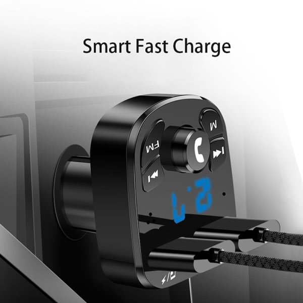 Bluetooth-versjon 5.0 FM-sender Bilspillersett Kort Billader Rask Med QC3.0 Dual USB Voltmeter & AUX IN/OUT DC 12/24V