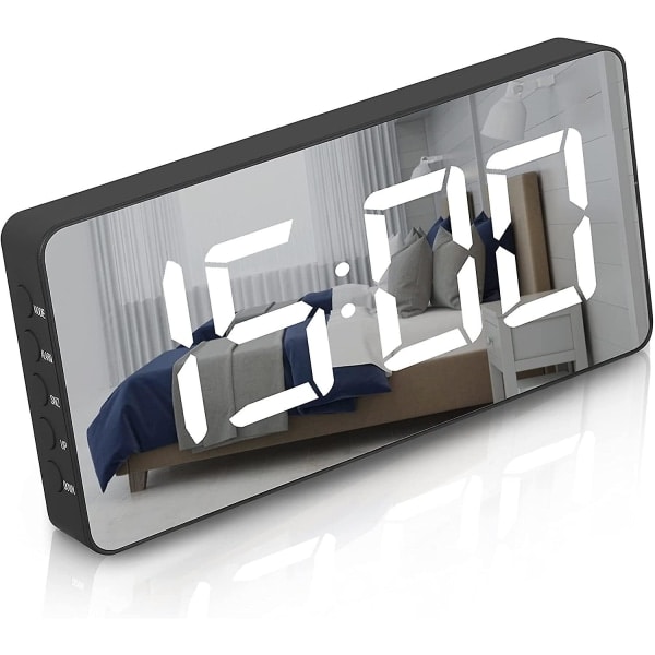 Ny stil Digital vækkeur Stor Spejlet Led Ur Snooze Funktion Dæmpningstilstand Ved siden af Ur Til Soveværelse Dekoration - Sort