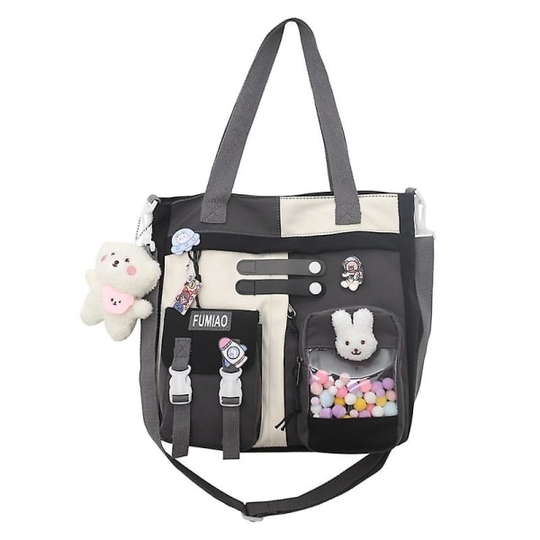 1:a Flickryggsäck Laptop Ryggsäck Söt Nylon Ryggsäck Med Hänge Diagonalpaket Casual Daypack Reseryggsäck svart