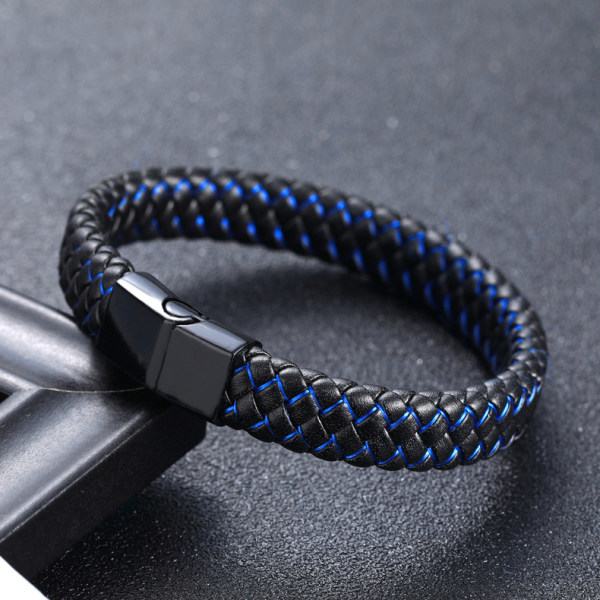 Svart läderarmband med inflätade färgade trådar