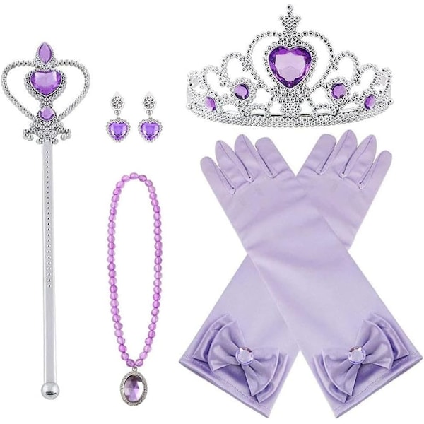 Prinsesse Elsa Kostume Tilbehørsæt til Børn, Inkluderer Fletning, Tiara, Handsker og Tryllestav 6pcs - Purple