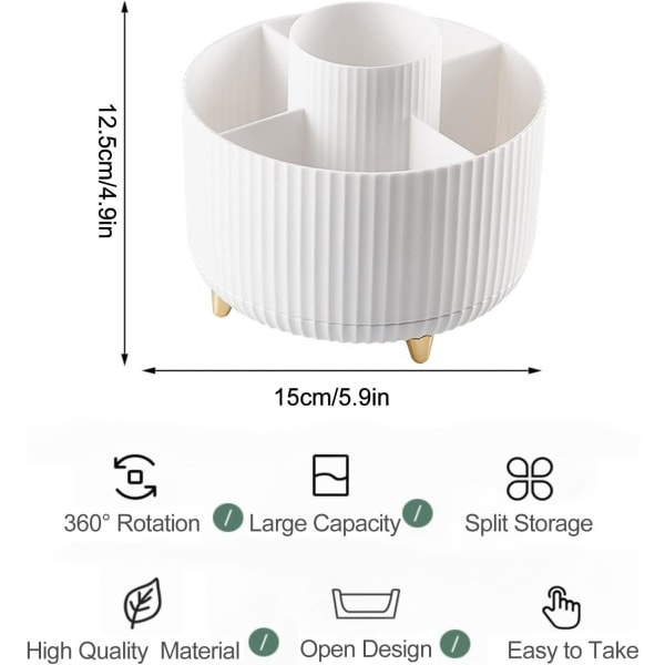 360° Roterende Makeup Organizer Sminkbørsteholder med 5 rum til kosmetik Parfumesmykker til Sminkbord Soveværelse Badeværelse, Hvid