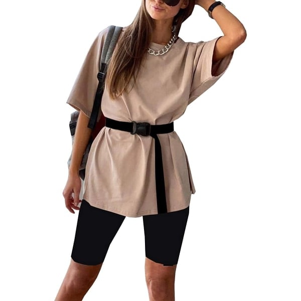 CDQ Dame Crew Neck Top + Gymnastik Shorts Khaki Sort Ekstra Stor