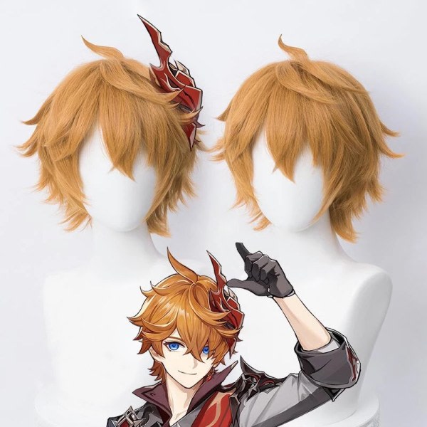 Genshin Impact Tartaglia Cosplay Peruk Kort Brun Värmebeständig
