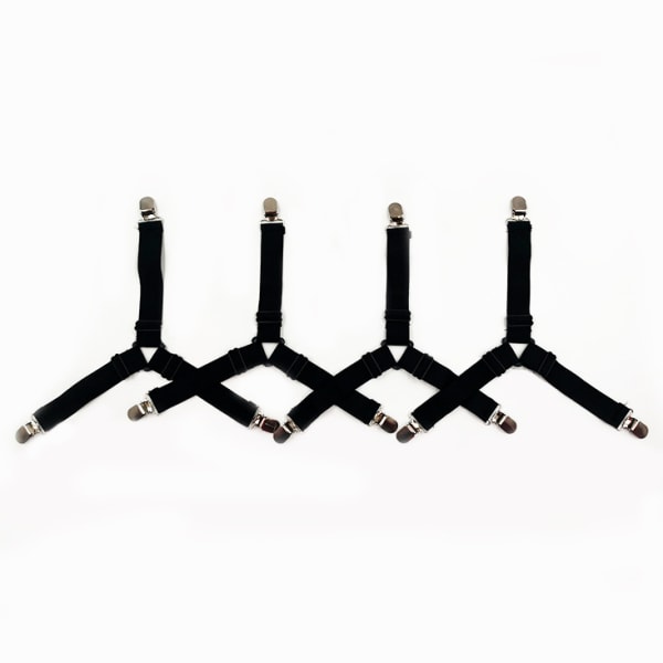 4 stk. Trekant Senglaken Festemidler 3-veis Justerbare Klips Holdere Elastiske Festemidler Griper Suspenders Tilpasset for Sengetøy, Holdere Senglaken Festestropper Black 4pcs