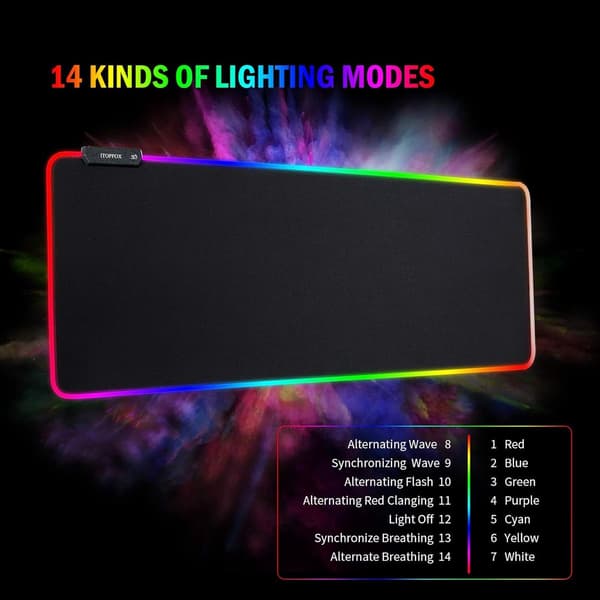 RGB Gaming Musemåtte - LED Musemåtte - med 14 Lysindstillinger - Skridsikker Gummibase - Musemåtte - Velegnet til Gamere - 800×300×3 mm - Sort
