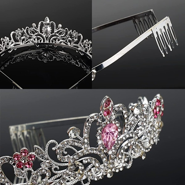 Krone-tiara, Prinsessekrone, Rairsky Dametiaraer, Krone Piger, Sølvtiara til Kvinder Rosa Krystal Tiara Krystalkrone med Kamme, Krystaller