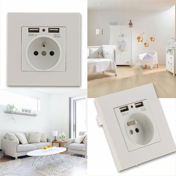 Stikkontakt med dobbel USB-lader – kompatibel med iPhone/Android – 1 stk
