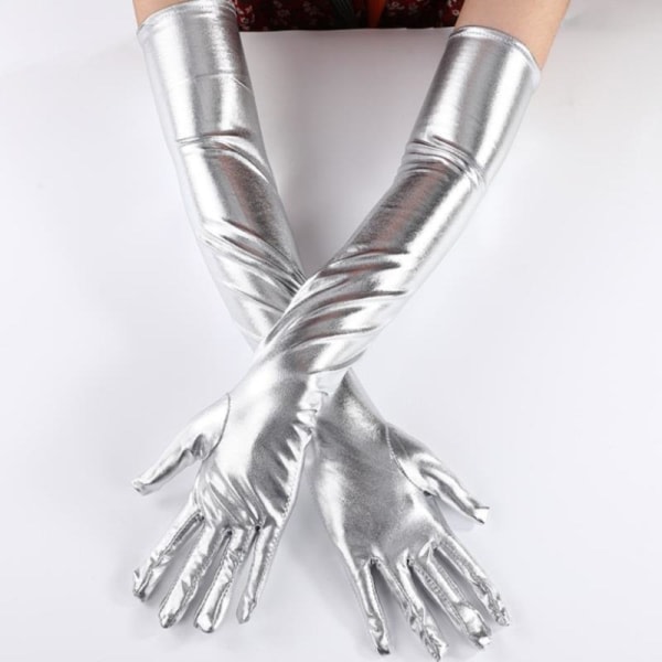 Stretch PU Läder Skinny Long Glove Punk Rock Hip Hop Jazz Dis Silver long Silver long