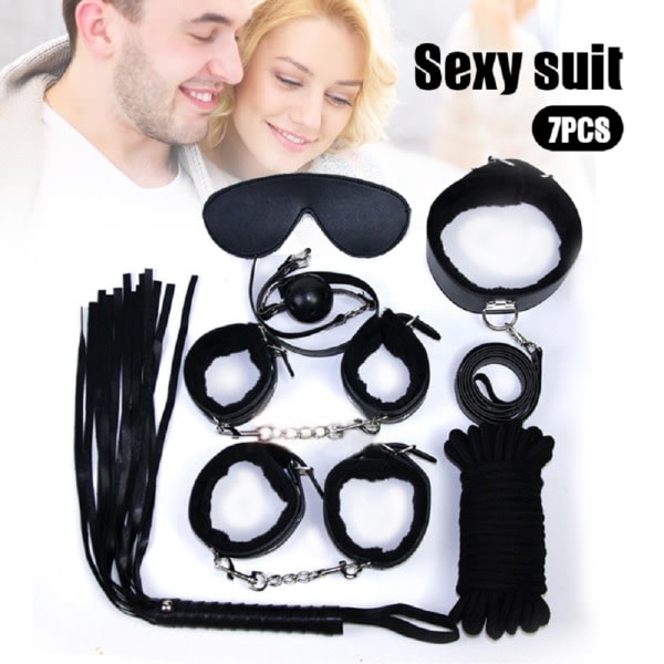 7-delad Cosplay-set SM-paket med flerfärgad plysch sexkit Ögonmask Munboll Pisk Handbojor Fotpärlor Halsärm Svart