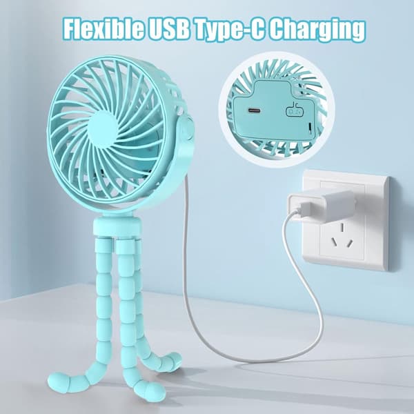 Mini Klapvognsventilator, USB Genopladelig, Stille 3-Hastighed, 360° Roterende, Fleksibelt Stativ Med LED-Lys Til Klapvogne & Autostole, Blå