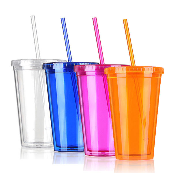 4st 450ml platt lock sugrörskopp transparent täckt mjölktekopp Hushålls kaffekopp dubbellager plastkopp dricksvattenkopp (slumpmässig färg)