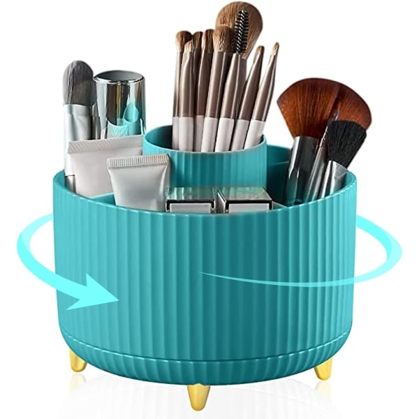 360° Roterende Makeup Organizer Sminkbørsteholder med 5 rum til kosmetik Parfumesmykker til Sminkbord Soveværelse Badeværelse, Blå