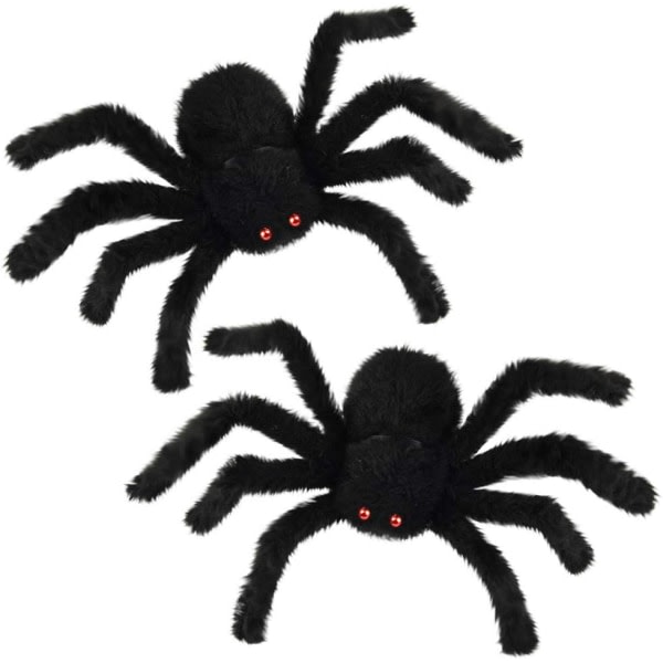 2 stora Halloween-spindlar 30 cm svarta spindlar med röda ögon Skrämmande