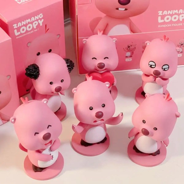 Korea Zanmang Loopy Mystery Blind Box Kawaii Rosa Bever 6,5 cm PVC Actionfigur Dock Leksaker Söt Loopy Rum Dekoration Barnpresent B