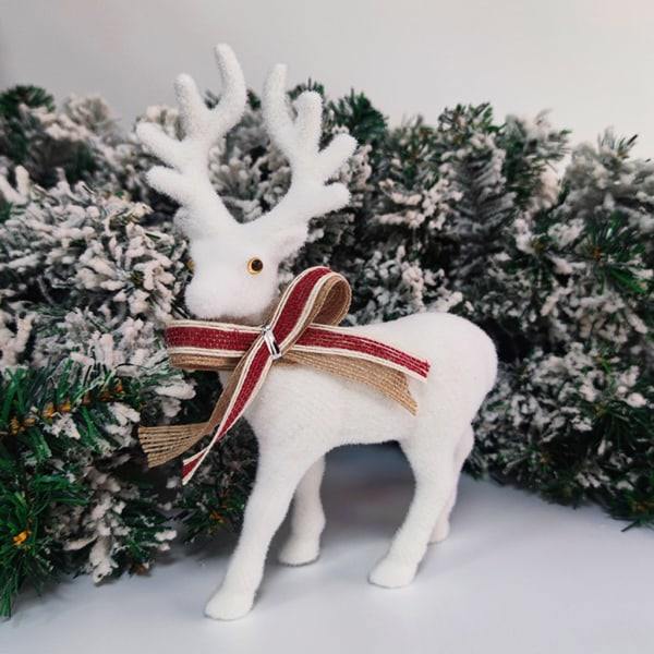 Julvit flockad stående älg fylld plysch ren med pilbåge prydnad Djurmodell Xmas Heminredning