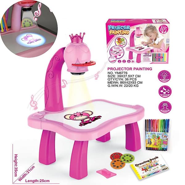 Kids Drawing Table with Projector, Educational Drawing Board Pink Pink