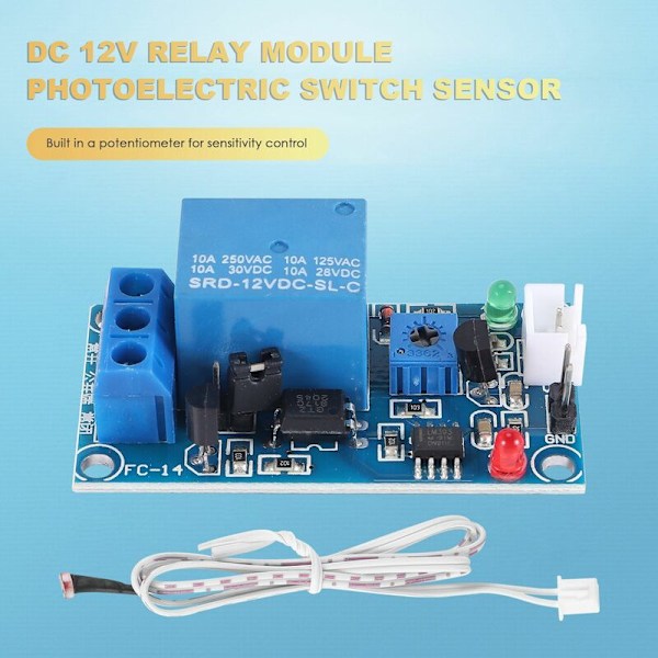 12V DC Fotoelektrisk Strömbrytare Sensor Relämodul, 50mm x 25mm, 2 Kablar