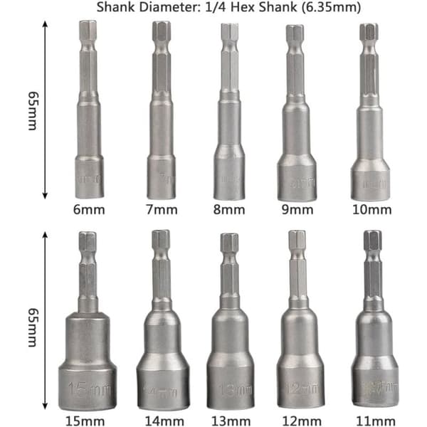 Magnetisk sekskantpipe sett 10 stk 6-15mm, 1/4 "