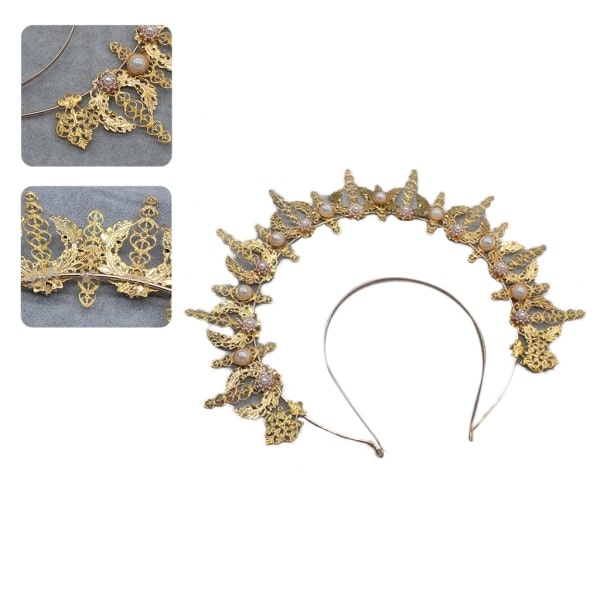 Lolita Halo Crown for kvinner Gotisk hul mønstret måne Tiara Vintage perle dekor hodeplagg dekorativ luksus hårbånd