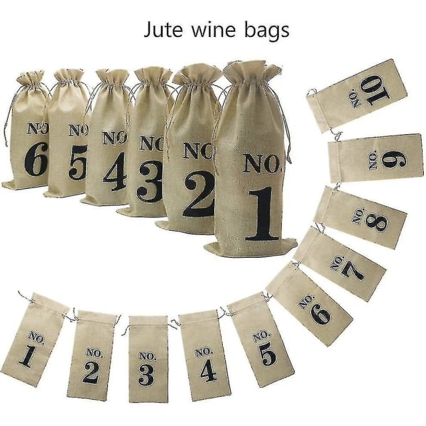 10 st Jutevinpåsar, 14 X 6 1/4 tums hessian-numrerade vinflaska presentpåsar med dragsko för B