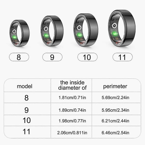 Smart Ring til Blodtryk, Sundheds- og Aktivitetsmonitorering - Blodsukker, Søvn, Puls, 100% Ny Sort Sort black 11
