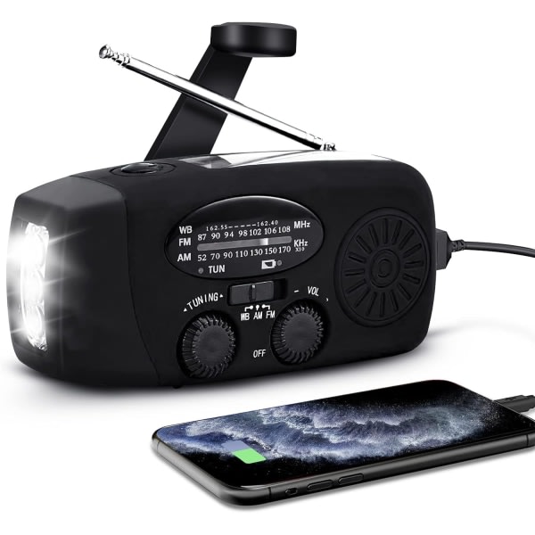 Vevradio aurinkokennoilla Taskulamppu ja 2000mAh Powerbank punainen SOS musta