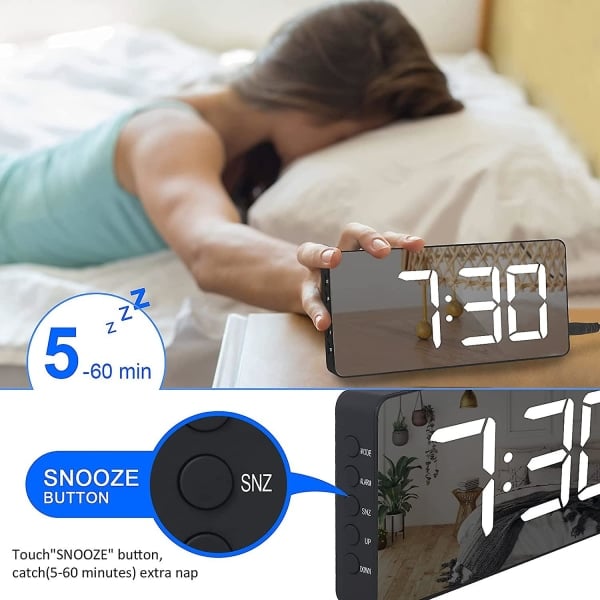 Ny stil Digital vækkeur Stor Spejlet Led Ur Snooze Funktion Dæmpningstilstand Ved siden af Ur Til Soveværelse Dekoration - Sort