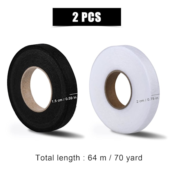 Rullar 70 meter strykjärnsband, fållband för strykning av trasiga kläder jeans byxor kjol (svart 1,5 cm, vit 2 cm i bredd)