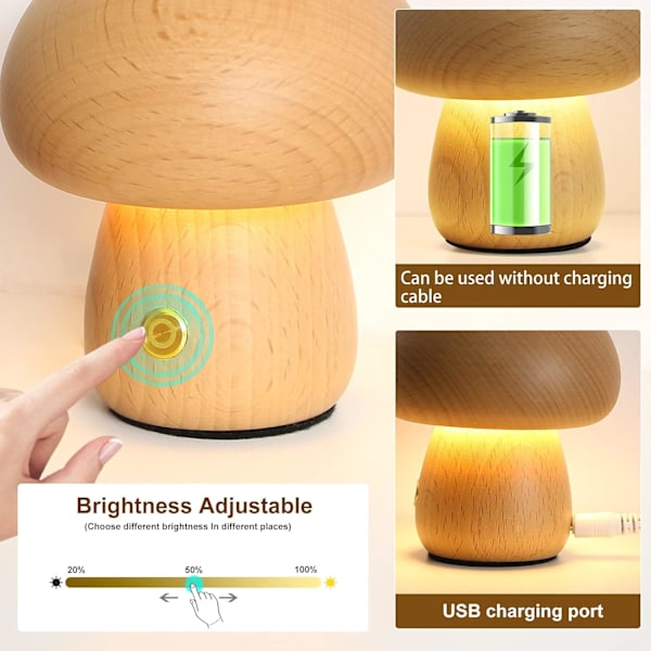 USB Justerbar Sopplampe, 3 Farger, Berøringskontroll, Sengelampe i Tre for Romdekor