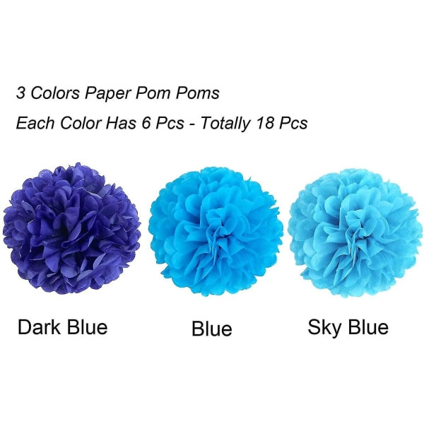 18 kpl sininen pom pom -kukkia, koristepaperisetti juhliin Blue