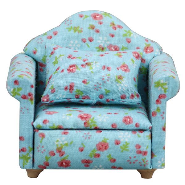 Country Style Lænestol Mini Sofa Dukkehus Miniature Sofa og Sæt Træ Simulation Møbler Piger Yndlingsgave Red flower on blue background