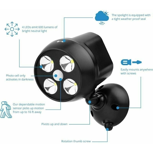 Vandtæt Udendørs Bevægelsessensor Lys, LED Projektør med Trådløs Sensor, Udendørs Sikkerhedslys til Trapper, Gang, Have, Terrasse