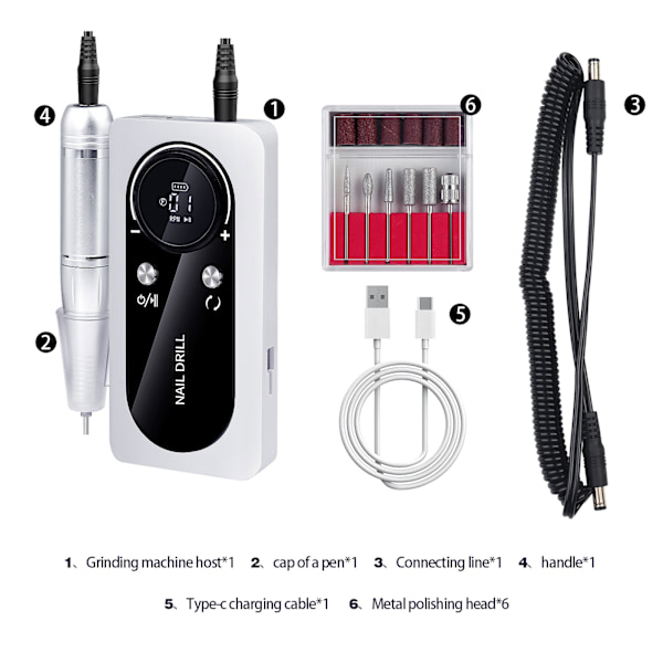 Bärbar Elektrisk Nagelfil, Vit, 45000 RPM, Snabb & Effektiv, Uppladdningsbar White