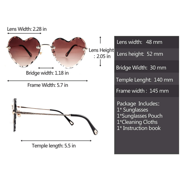 Sydämen muotoiset aurinkolasit Kehyksettön ohut metallikehys Sydämen muotoiset aurinkolasit Söpöt lasit naisille Ruskea