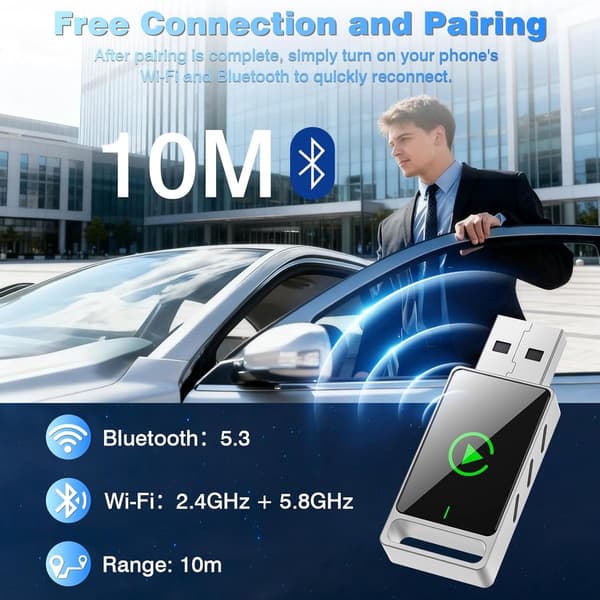 Trådløs CarPlay-adapter 2-i-1 for Android Auto og CarPlay, Plug and Play kablet til trådløs konverter for iPhone iOS 10+ og Android 11+