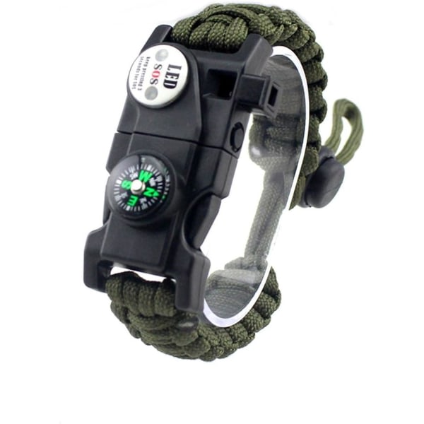 Säädettävä selviytymisranneke, 7-säikeinen Paracord 20-in-1 hätävarusteet urheilurannekevarusteet vedenpitävällä LED SOS-valolla, jne. (armeijan vihreä)