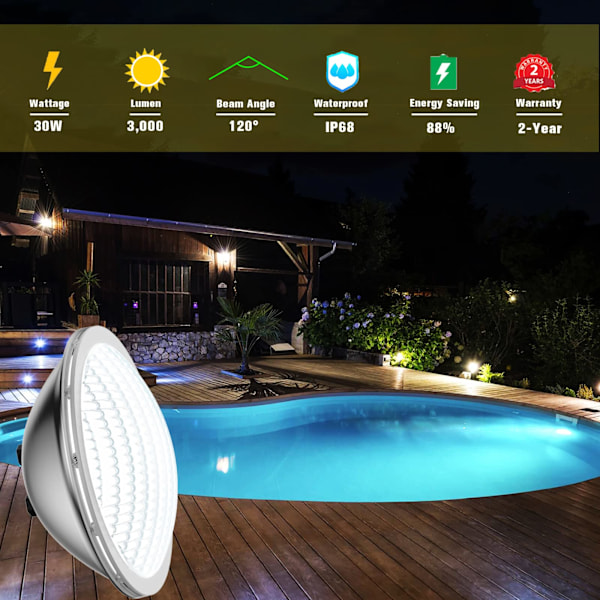 PAR56 LED Poollys, 30W, Vandtæt, IP68, Undervands, 12V DC/AC, Kølig Hvid 6000K